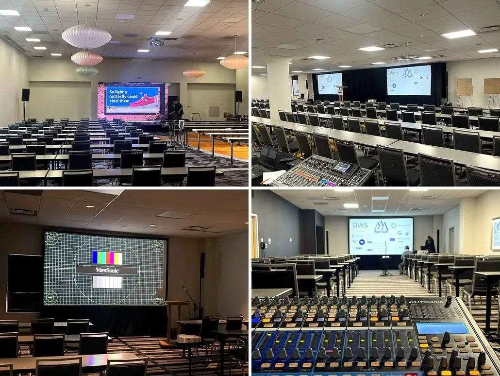 Photo collage of multi-room AV production for POPL 2025 at The Curtis Hotel Denver